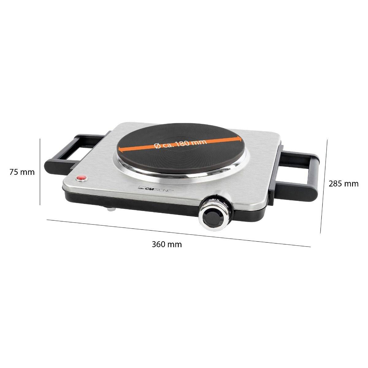 Elektrische kookplaat met handgrepen, verstelbare draaiknop en hittebestendige oppervlak; afmetingen: 360 mm x 285 mm x 75 mm.