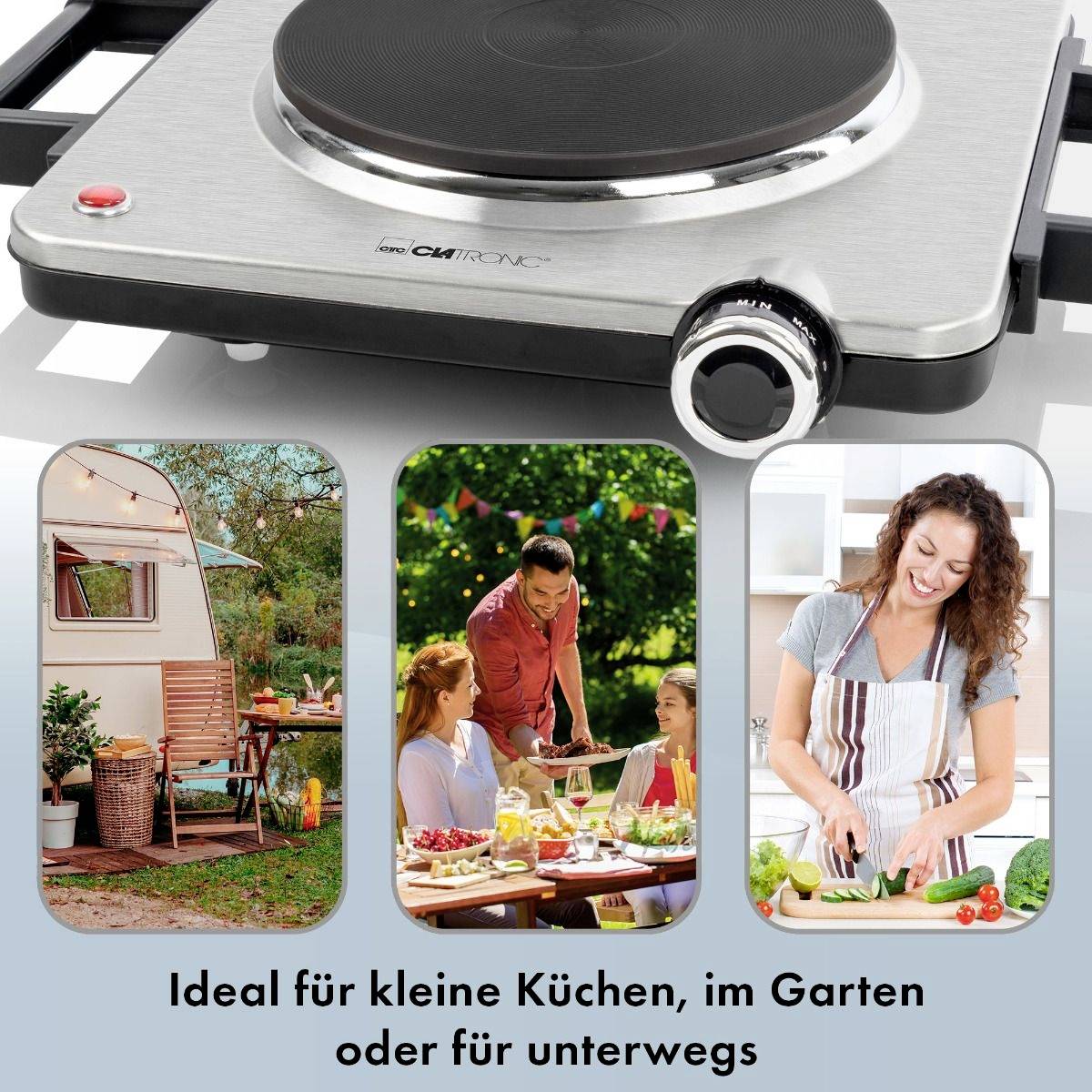 'Een elektrische kookplaat op een tafel. Drie foto's hieronder laten een campingtent, een maaltijd in de tuin en een lachende vrouw aan het koken zien.'
