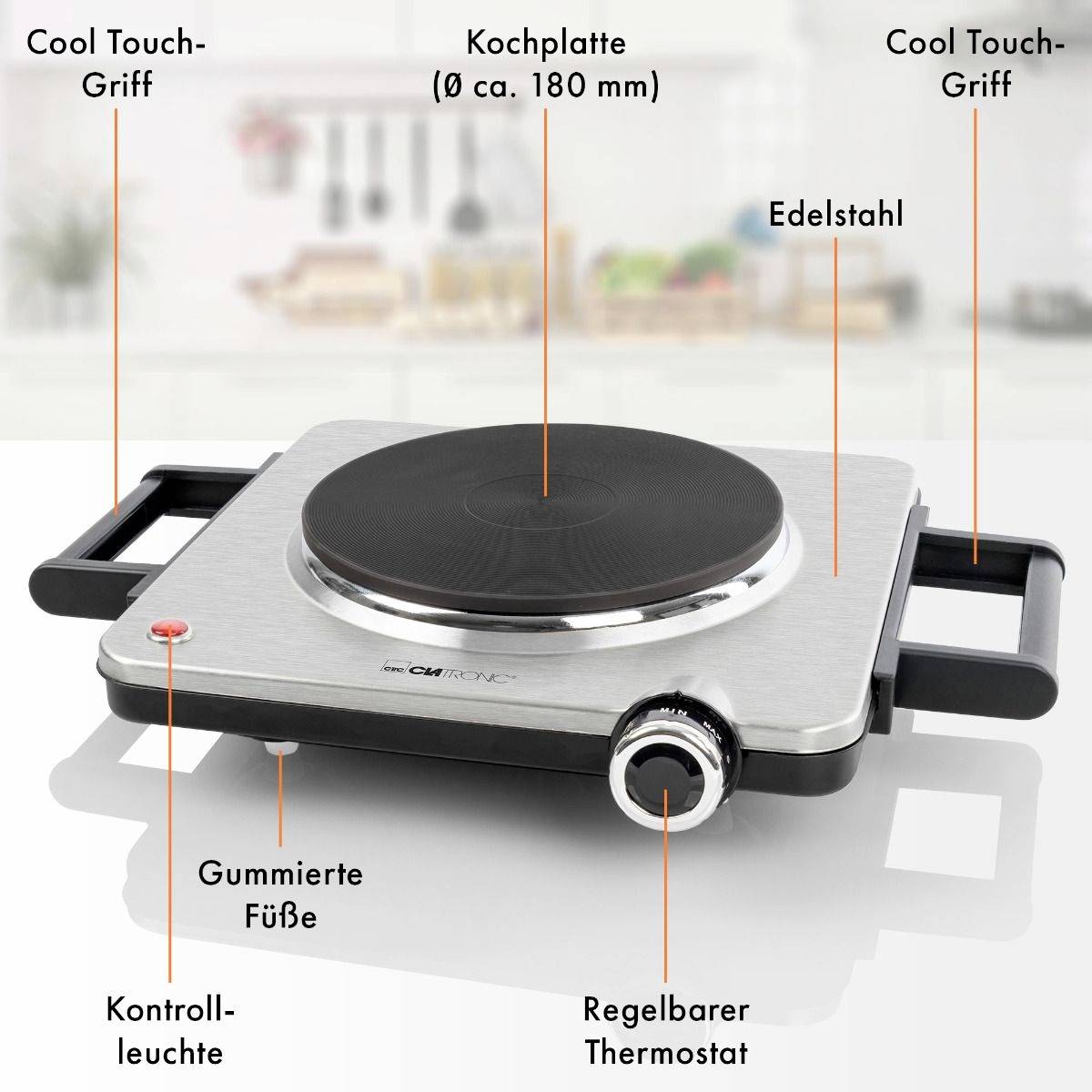 Kookplaat met behuizing van roestvrij staal, instelbare thermostaat, controlelampje. Cool-Touch-handgreep en rubberen voeten.