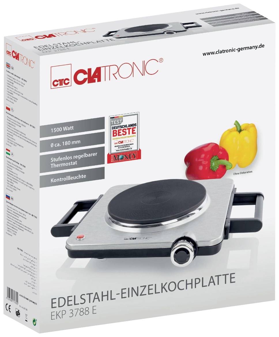 Kartonnen doos met een afbeelding van een elektrische kookplaat voor één persoon, 1500 Watt, met instelbare thermostaat. Twee paprika's als decoratie.