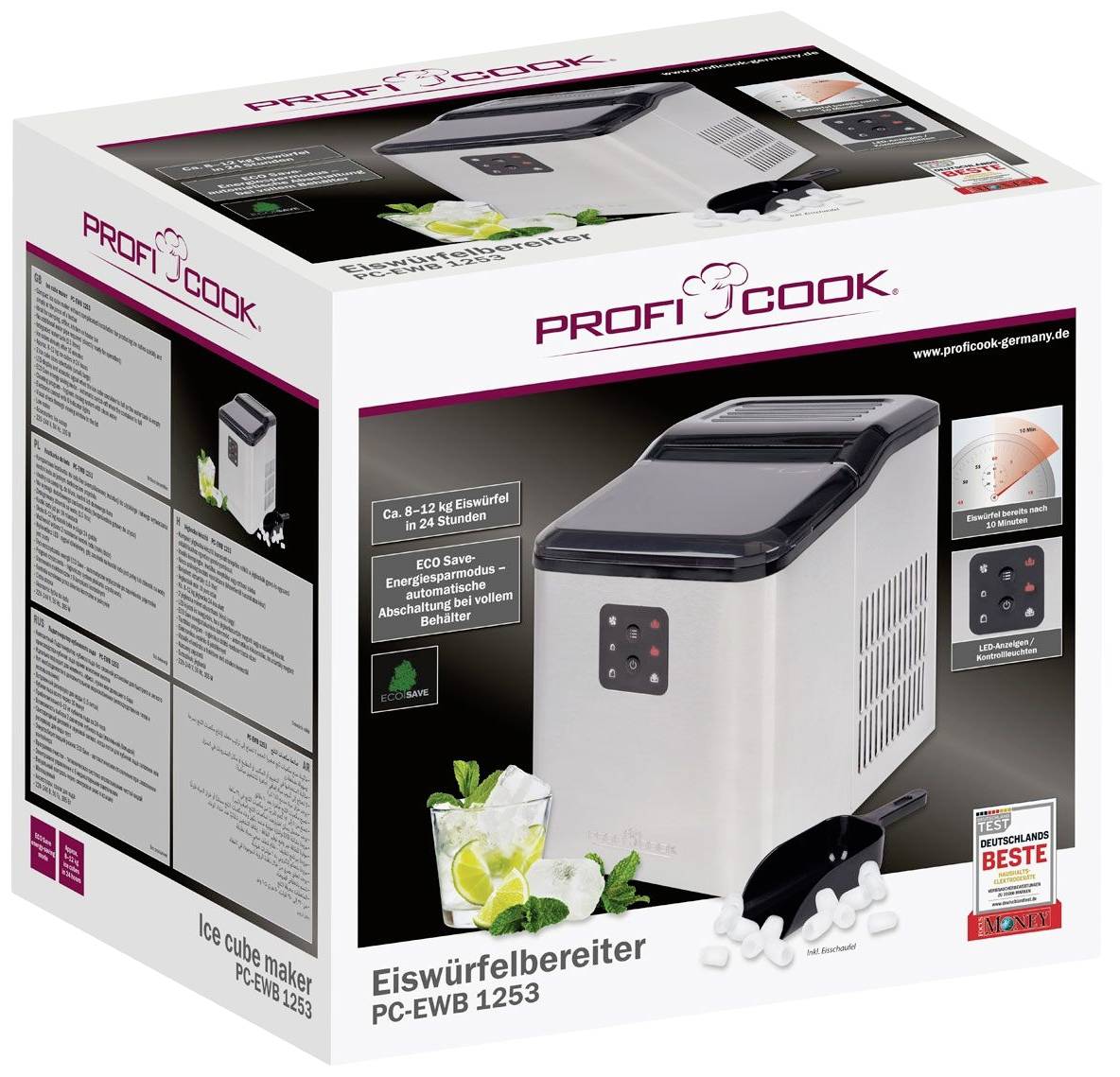 Verpakking van een ijsblokjesmaker van Profi Cook. Beschrijft functies zoals ECO-Bespaar en snelle ijsblokjesproductie in 10 minuten.