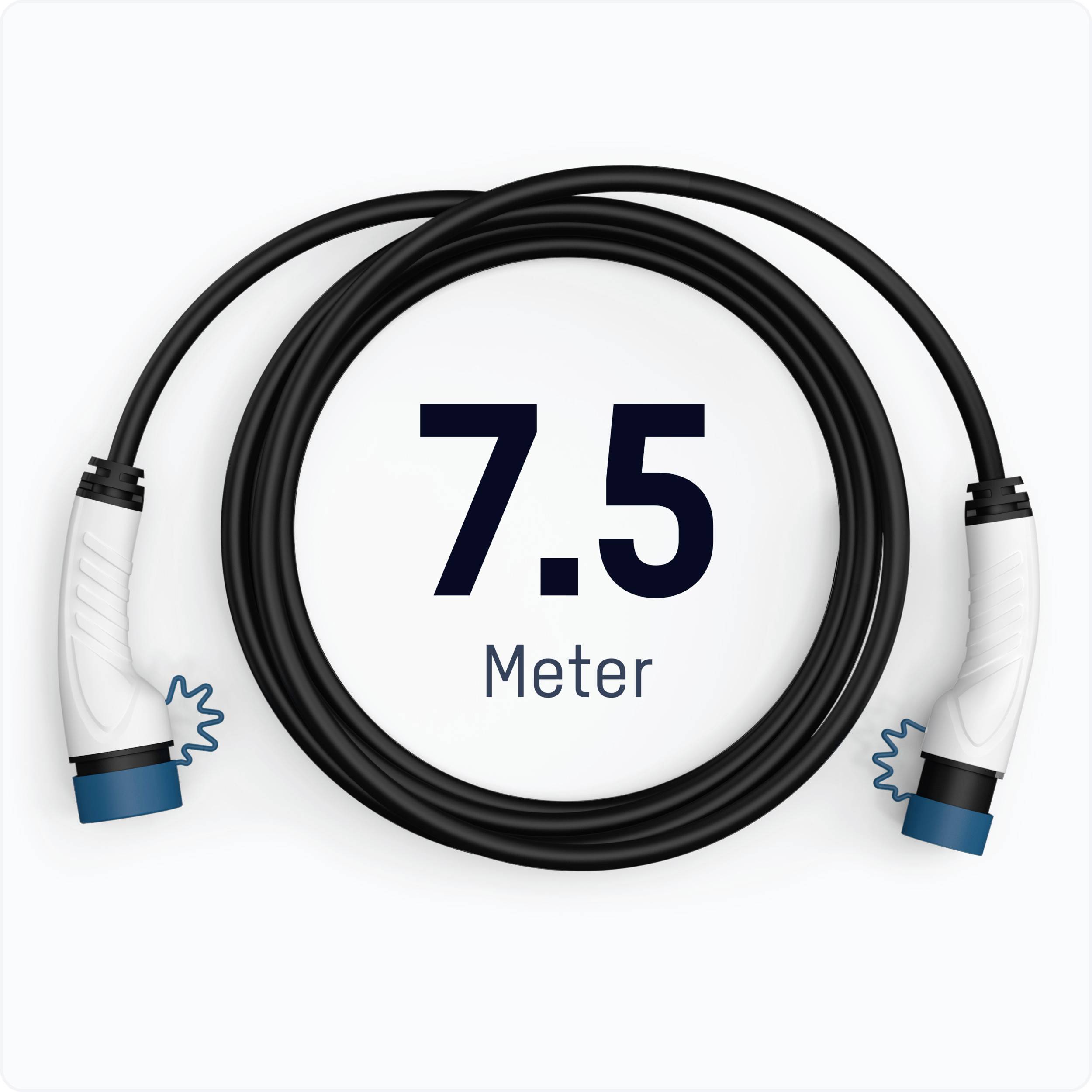Een opgerolde zwarte kabel met witte stekkers aan beide uiteinden; in het midden staat '7,5 meter'.
