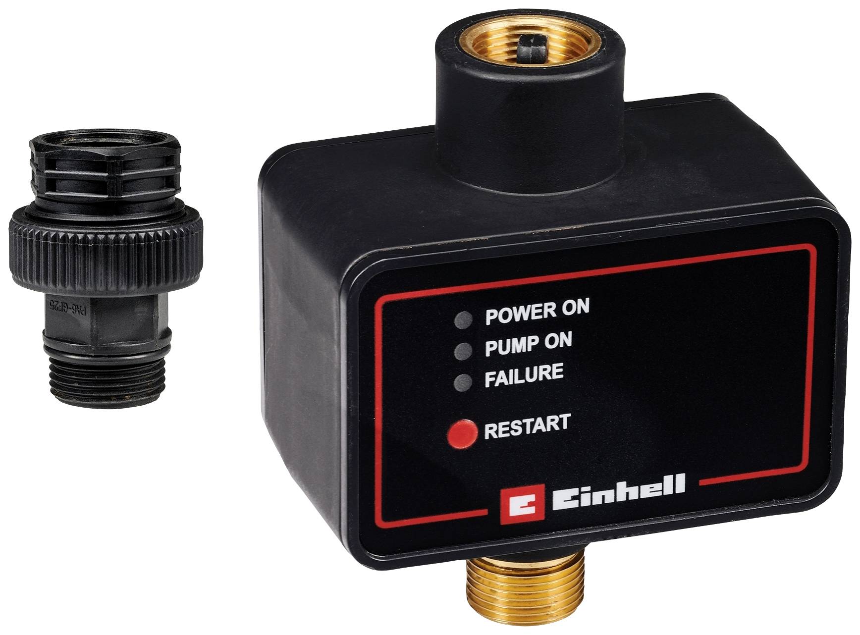 Elektronische drukknoppen met LED-indicatoren voor 'Aan', 'Pomp aan', 'Storing' en 'Herstarten'. Einhell-logo onderaan rechts.