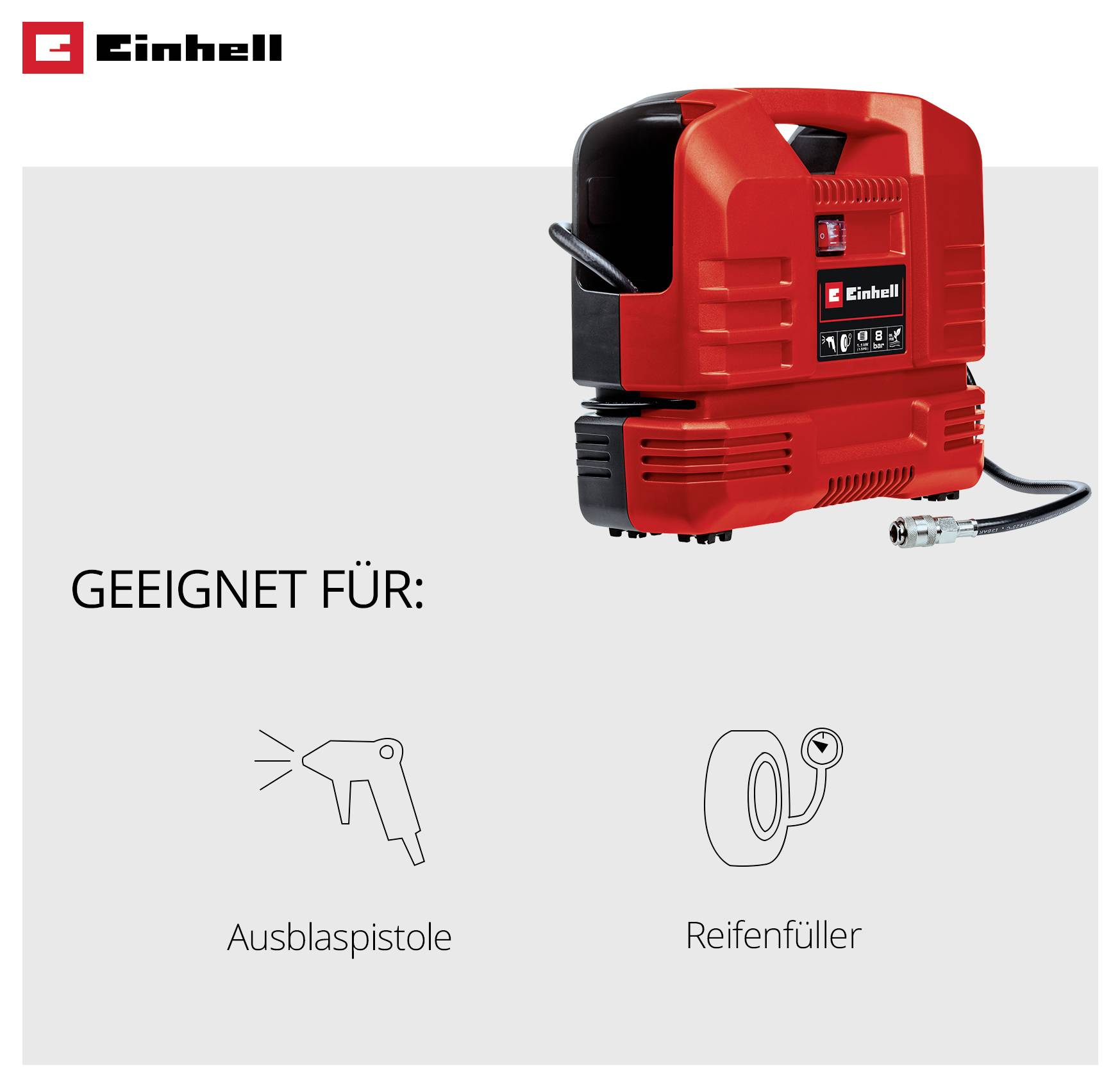Einhell-compressor; geschikt voor blazpistool en bandenpomp, weergegeven met de respectievelijke symbolen.