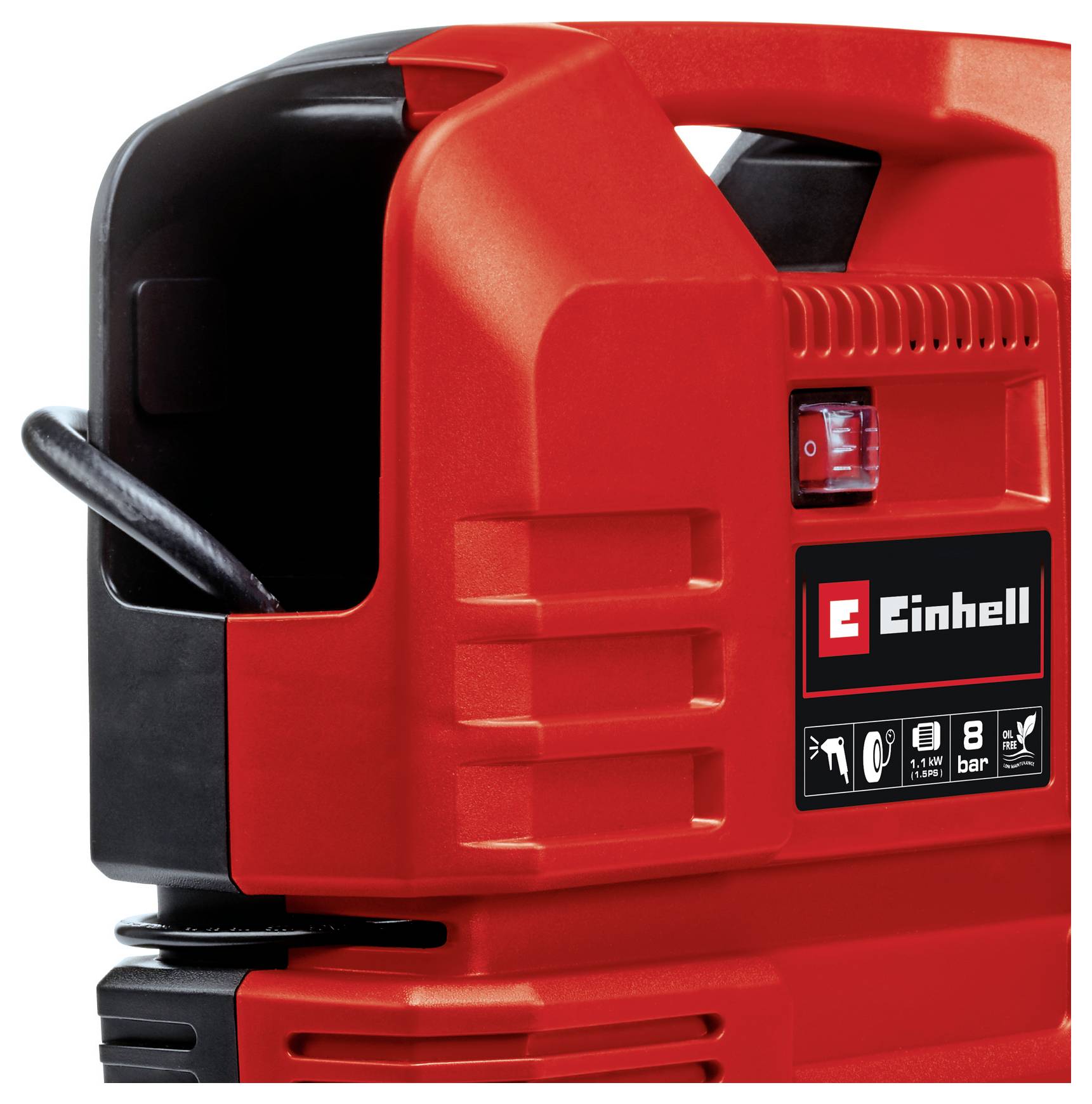 Rode Einhell draagbare luchtcompressor met zwart handvat, manometer en aan/uitschakelaar aan de zijkant.