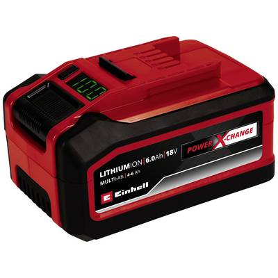 Rode Einhell lithium-ion accu met 6,0 Ah en 18V, onderdeel van het Power X-Change-systeem. Links een digitale weergave van de laadstatus.