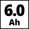 '6,0 Ah' in zwarte letters op een witte achtergrond.