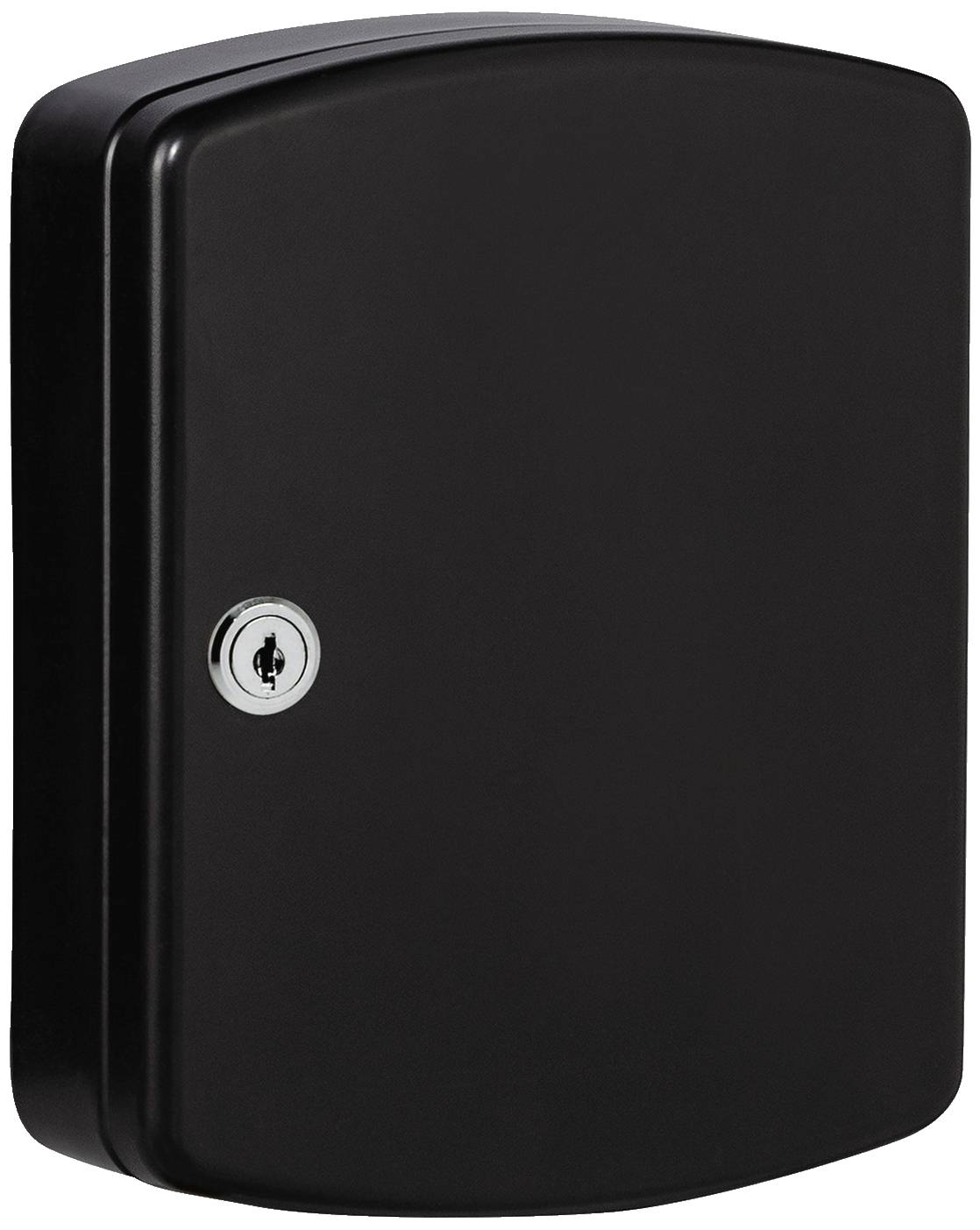 Zwarte, rechthoekige metalen doos met een slot aan de linkerkant.