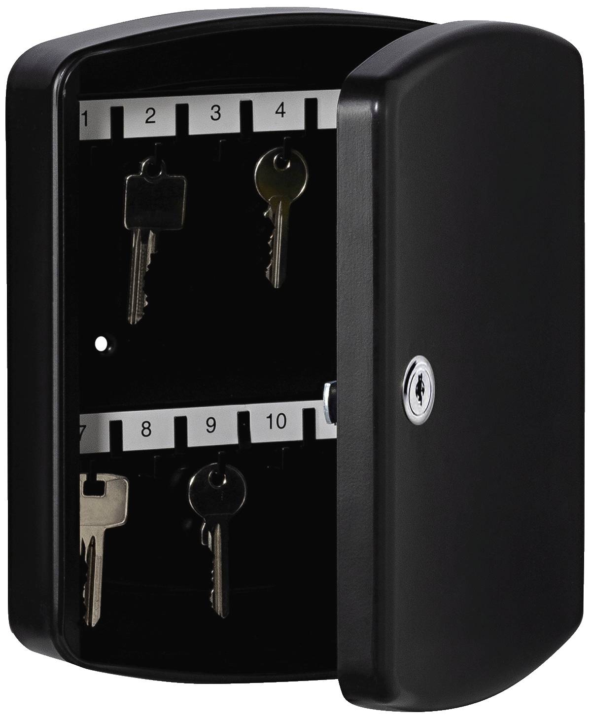 Een zwarte sleutelkast met een open deur, toont zes haken voor sleutelopberging. Sleutels hangen aan de haken 1, 4, 6 en 9.