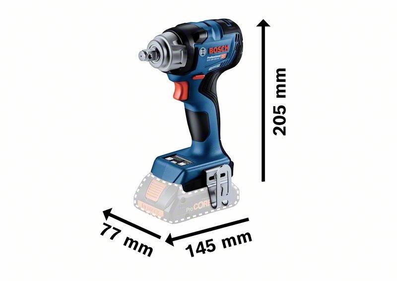 Accuschroevendraaier in blauw met merkenlogo, afmetingen: 205 mm hoog, 77 mm breed, 145 mm diep.