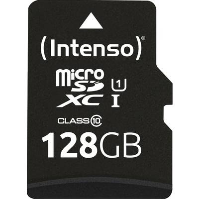 Zwarte MicroSD-kaart met witte opdruk: 'Intenso 128GB, MicroSDXC, Class 10 U1'.