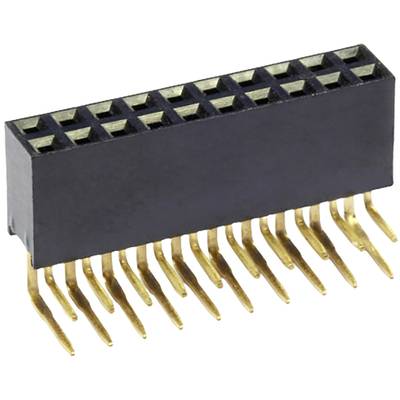 Een zwarte stekker met meerdere metalen pinnen die onderaan uitsteken. Hij wordt gebruikt voor elektrische verbindingen op printplaten.