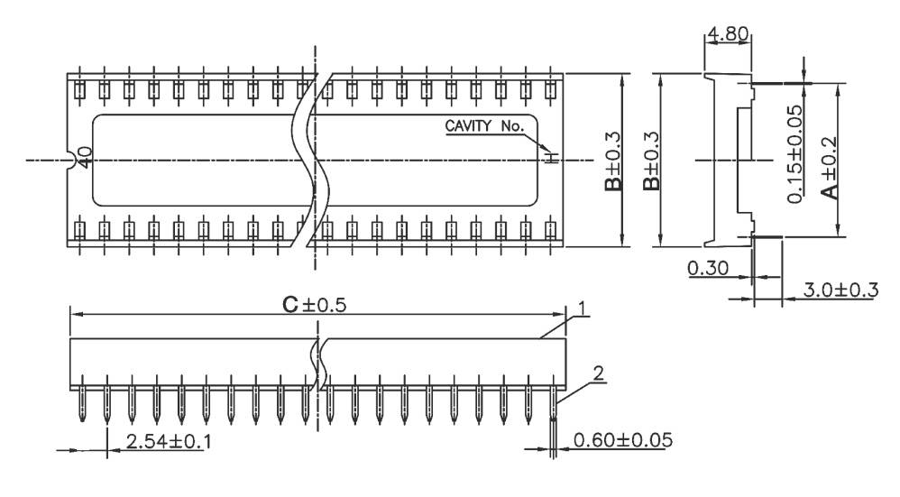 Technische tekening van een microchip in een DIP-behuizing. Toont afmetingen, pin-indeling en aanduiding 'CAVITY No.'.