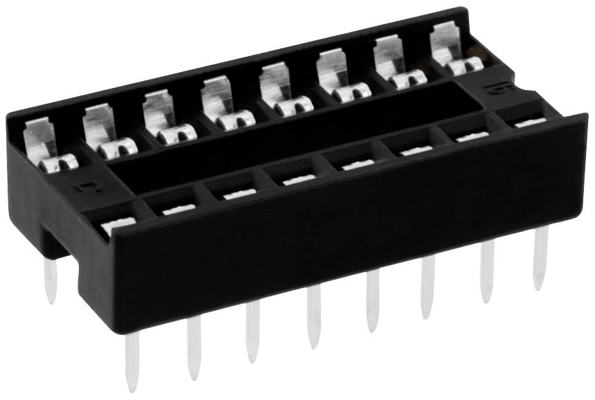 Een zwarte IC-voet met 16 pinnen, geschikt voor montage van elektronische componenten op een printplaat.