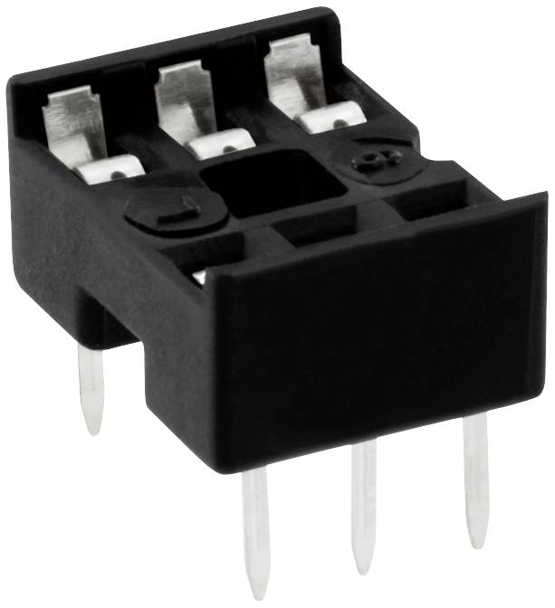 Een zwart elektronisch onderdeel met vier metalen pinnen, typisch gebruikt voor aansluiting op printplaten.