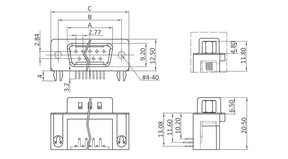 Technische tekening van een elektronisch onderdeel met afmetingen in millimeters, toont voor-, zij- en bovenaanzicht.