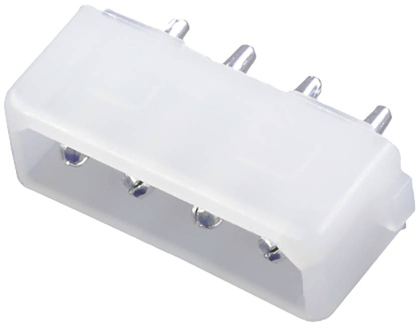 Witte, rechthoekige kunststof connector met vier metalen pennen, een typisch aansluitstuk voor elektronische verbindingen, zijaanzicht.