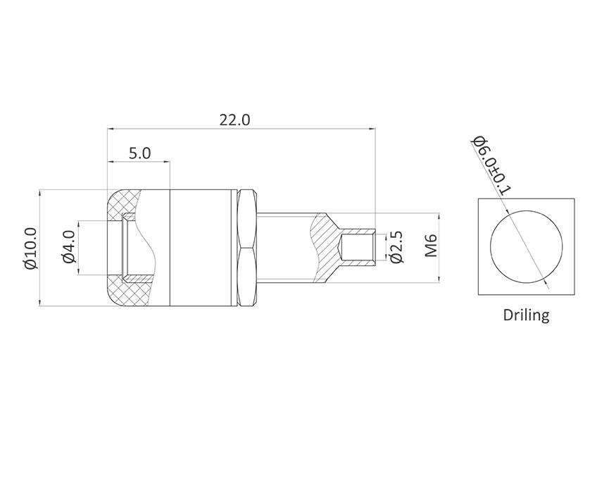 Technische tekening van een boorbus met afmetingen: diameter 10 mm, lengte 22 mm, met boorgaten voor M6-schroeven.