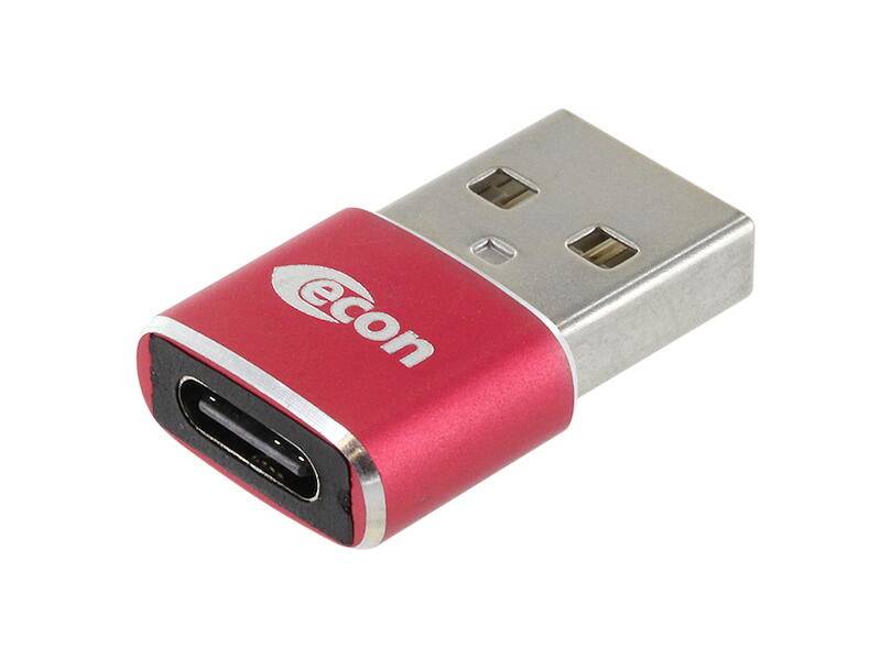 USB-adapter in rood met 'econ'-opdruk, zet USB-A om naar USB-C.