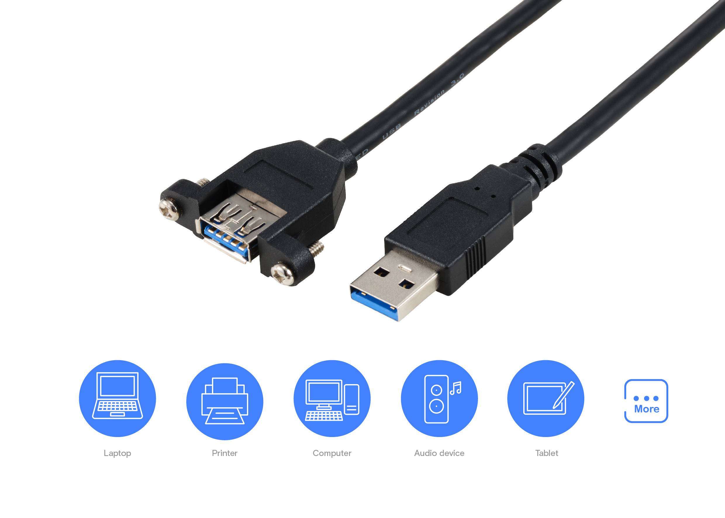 USB-verlengkabel met een stekker en een aansluiting. Daaronder symbolen voor laptop, printer, computer, audioapparaat en tablet.