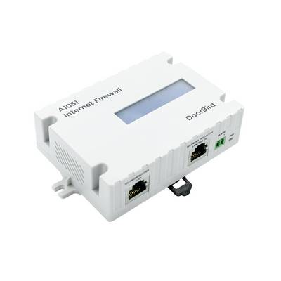 Netwerkapparaat met twee Ethernet-poorten. Opschrift op de behuizing luidt 'A1051 Internet Firewall'. Apparaat van het merk DoorBird.