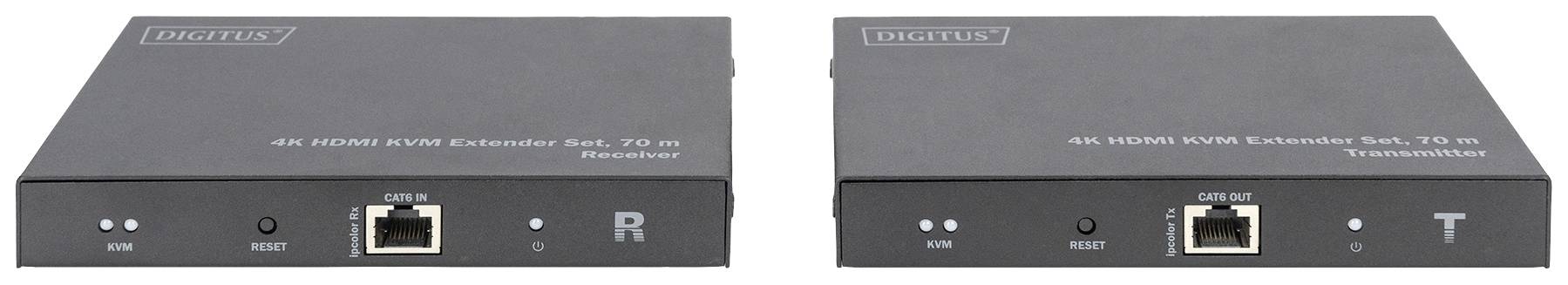 Twee zwarte HDMI-extender-apparaten met Ethernet-aansluitingen. Links: 'Ontvanger', rechts: 'Zender'. Geschikt voor afstanden tot 70 m.