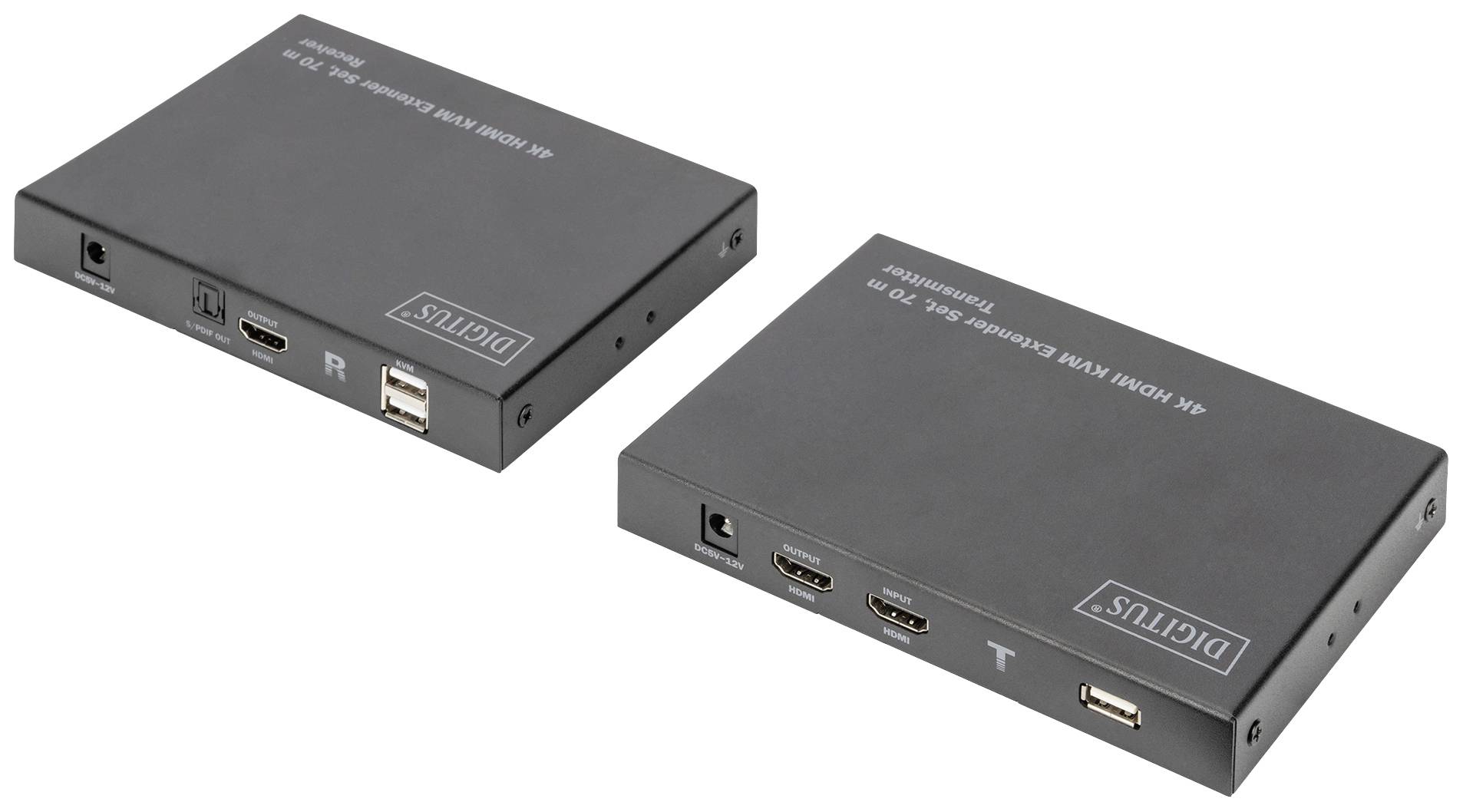 'Twee zwarte HDMI-extenders met USB-poorten. Gelabeld met "R" en "T" voor "Receiver" en "Transmitter".'