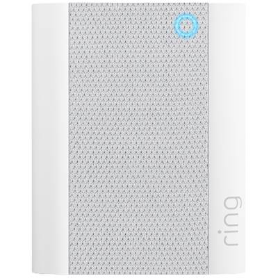 Een witte smart home-speaker met een blauwe LED-indicator in de bovenhoek. Het apparaat heeft een modern, minimalistisch design.