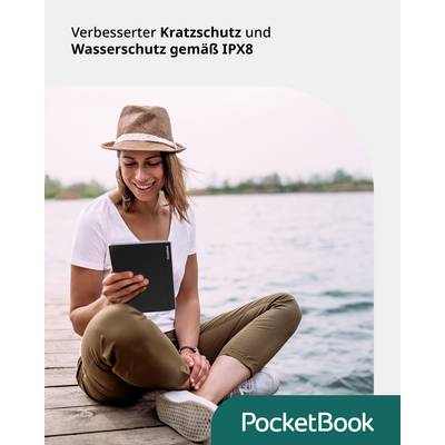 Een persoon zit buiten en leest op een e-reader. Tekst: 'Verbeterde krasbestendigheid en waterbestendigheid conform IPX8'. PocketBook-logo.