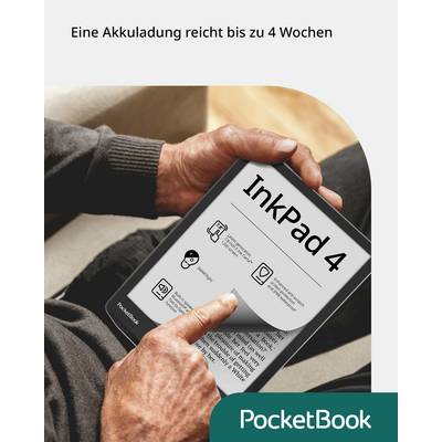 Een persoon houdt een e-reader-apparaat vast dat 'InkPad 4' wordt genoemd. De tekst daarover zegt: 'Eén acculading gaat tot wel 4 weken mee'.
