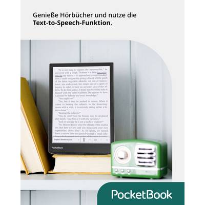 E-reader op boekenplank met tekstweergave, naast een retro-radio. Bovenaan staat: 'Geniet van luisterboeken en gebruik de tekst-naar-spraak-functie.'