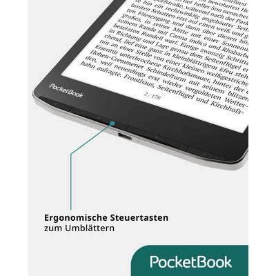 Een e-reader met ergonomische bedieningsknoppen voor het omslaan van pagina's, getoond met een tekstfragment op het scherm.
