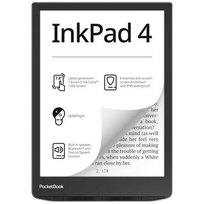 Een e-reader met de naam 'InkPad 4', 7,8-inch E-Ink-scherm, SMARTlight, speakers, Bluetooth, tekst-naar-spraak, waterdicht.