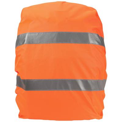 Een oranje rugzak met twee reflecterende strepen, ideaal voor zichtbaarheid en veiligheid onder slechte lichtomstandigheden.