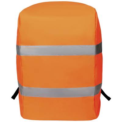 Een oranje rugzak met twee reflecterende strepen.
