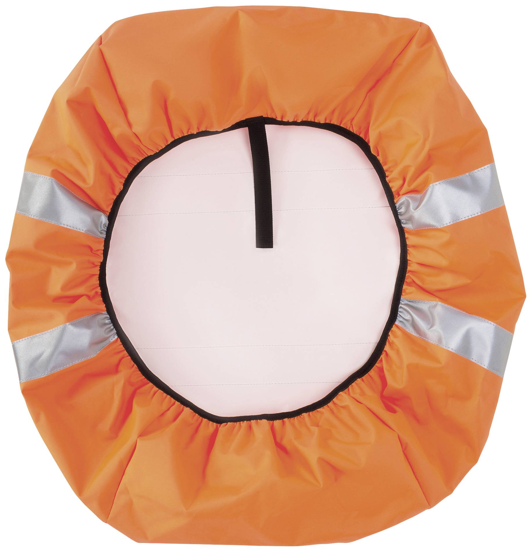 Oranje beschermhoes met reflecterende strepen, geschikt voor ronde voorwerpen zoals stuurwielen of rugzakken.