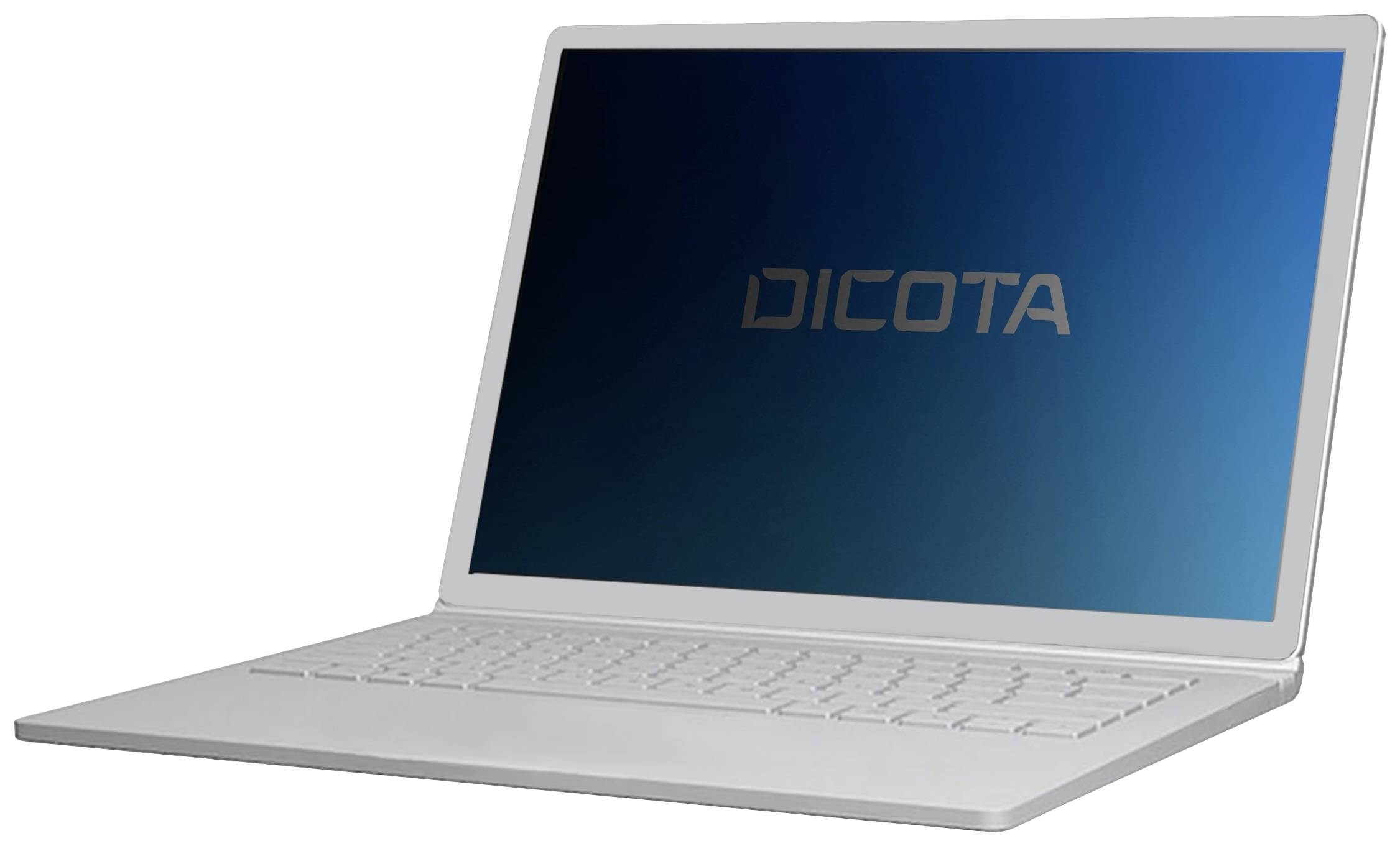 Een zilveren laptop met geopend display waarop het logo 'DICOTA' te zien is op een blauwe achtergrond.