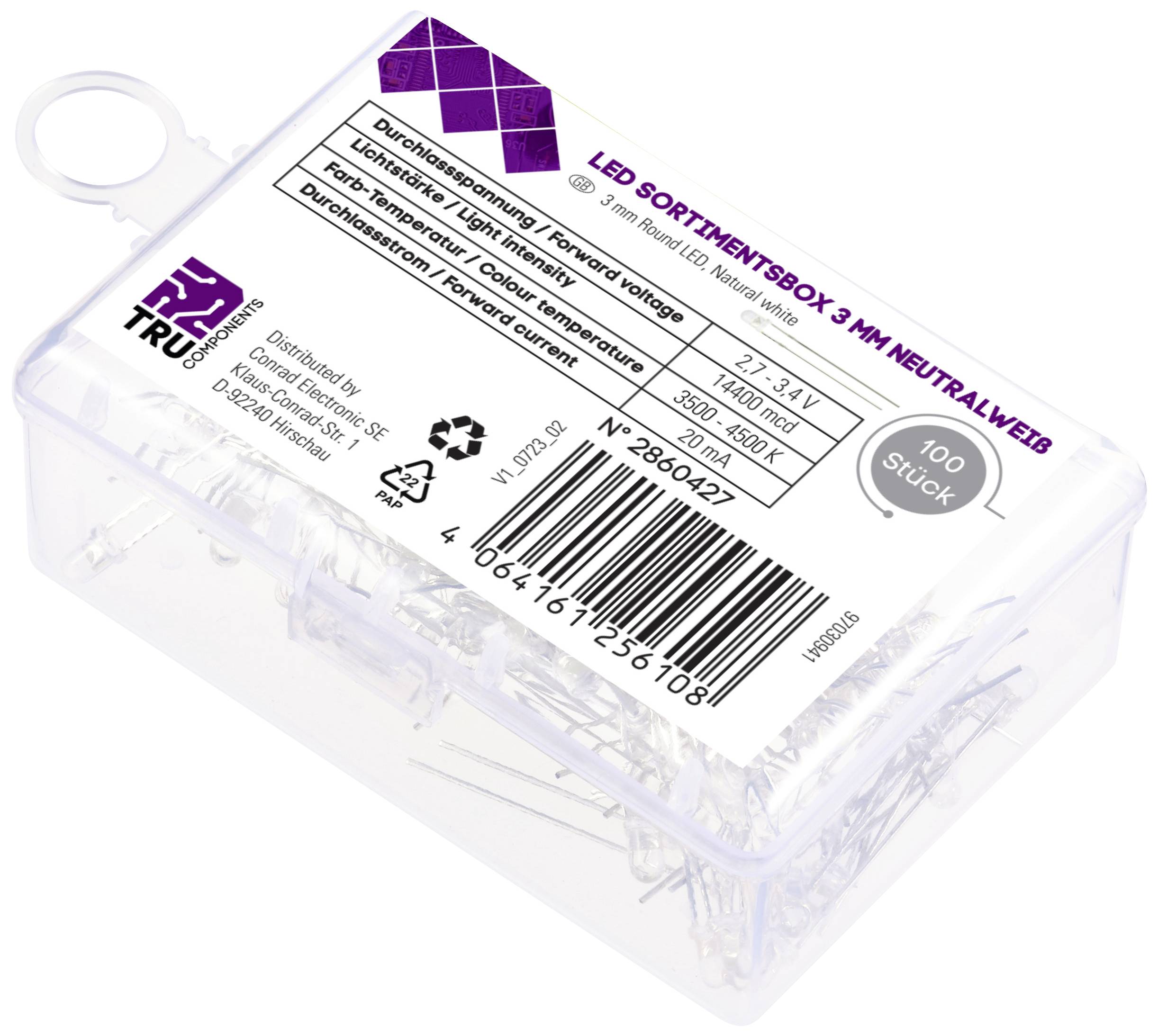 Kunststof doos met opschrift 'LED SORTIMENTSBOX', bevat 100 stuks 3 mm neutrale witte LEDs met 3,2-3,4 V en 330-380 mcd helderheid.