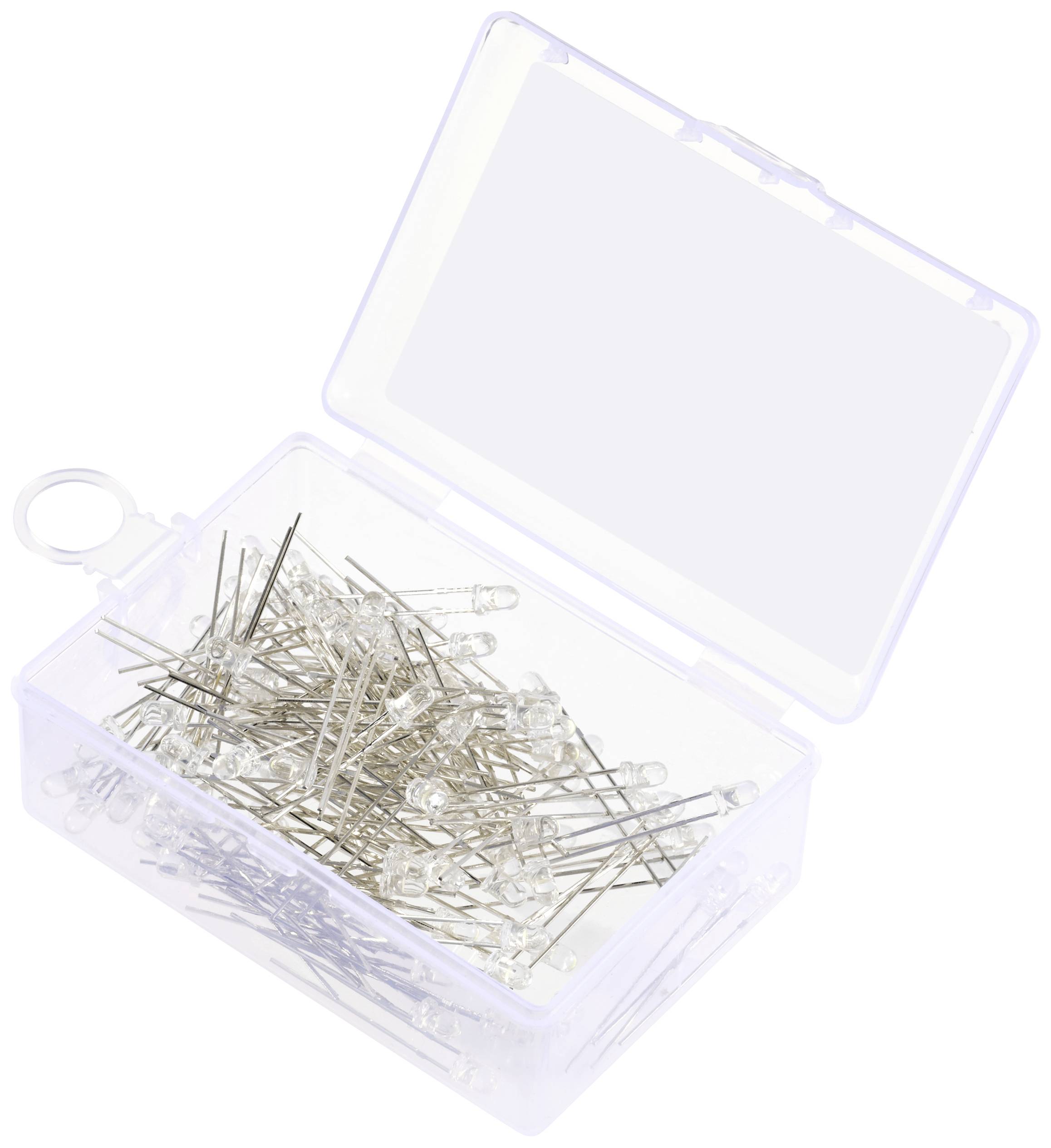 Een open plastic doos vol met doorzichtige led's met zilveren pootjes.