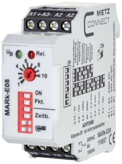Een elektronisch stuurrelais van het merk METZ CONNECT met meerdere aansluitingen, indicatorlampjes en een draaiknop voor tijdinstelling.