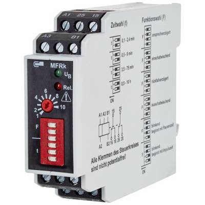 Tijdrelais met functies voor tijd- en functieselectie, toont regelaars, schakelaars en elektrische aansluitingen. Geschikt voor stuurcircuits.