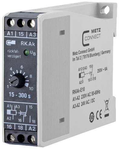 Tijdrelais RKAk van Metz Connect met instelbaar tijdsbereik van 15 tot 300 seconden. Aansluitingen en specificaties zijn zichtbaar.