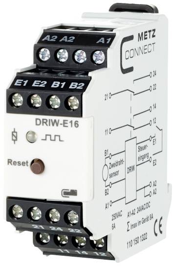 'DRIW-E16'-stuurmodule van Metz Connect met meerdere aansluitingen en reset-knop. Bedradingsschema aan de zijkant toont aansluitpunten.