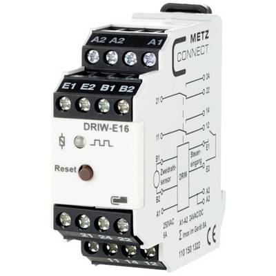'DRIW-E16'-stuurmodule van Metz Connect met meerdere aansluitingen en reset-knop. Bedradingsschema aan de zijkant toont aansluitpunten.