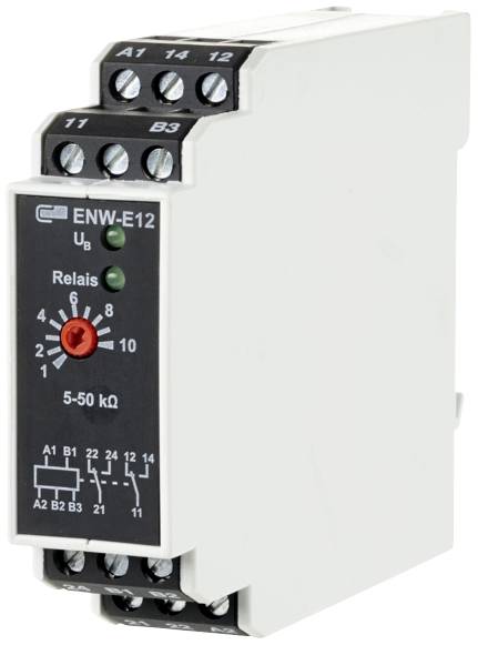 Elektronisch relais ENW-E12 met meerdere aansluitklemmen, schaal van 5-50 kΩ en LED-indicatie, wit behuizing.