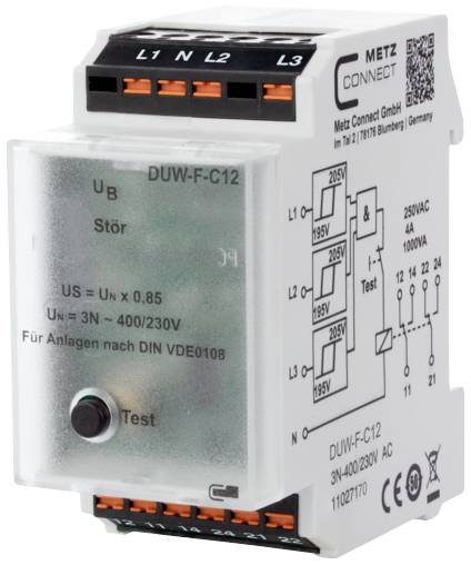 Een elektrisch bewakingsrelais van het merk METZ CONNECT, model DUW-F-C12, toont technische specificaties en aansluitingen.
