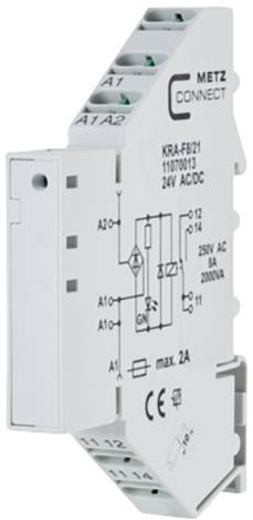 Een relaismodule met de aanduiding 'METZ CONNECT'. Op de voorkant zijn elektrische schakelschema's en specificaties afgebeeld.