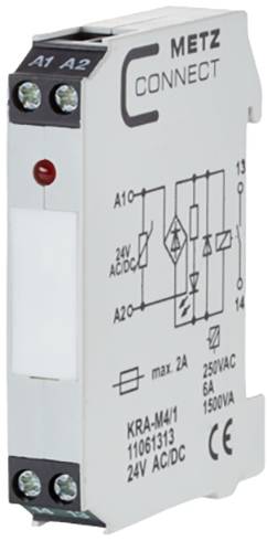 Een elektrisch relaismodule van het merk METZ met diagram en specificaties: 24V AC/DC, max. 2A. Wit behuizing, rode LED en aansluitklemmen.