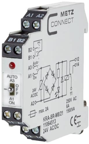 Een relaismodule van METZ CONNECT, model KRA-SR-M8/21, met schakelaar voor auto-/handbediening en gemarkeerde aansluitingen.