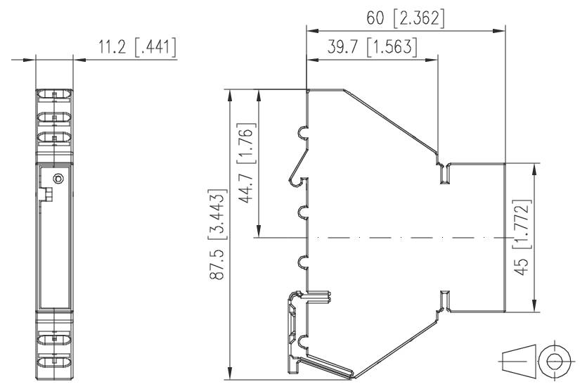 Technische schematische tekening van een kleine elektronische module met zijde- en vooraanzicht met afmetingen in millimeters en inches.